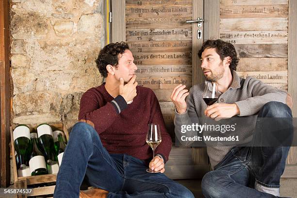 two men tasting wine at wine estate - wine tasting stock-fotos und bilder