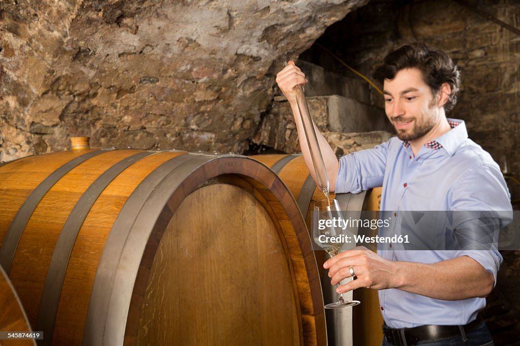 Man in wine cellar controlling wine
