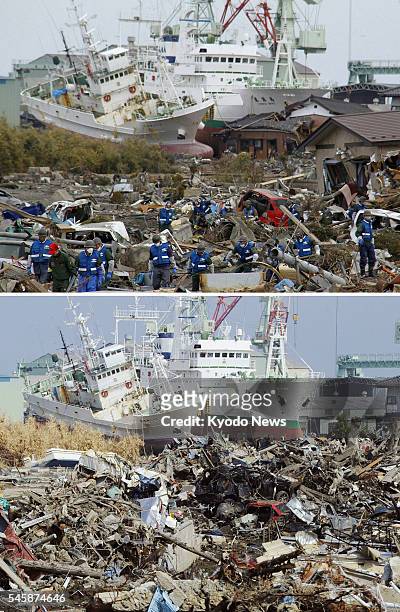 Japan - Combined photo shows an area devastated by the March 11 earthquake and tsunami in Higashimatsushima, Miyagi Prefecture, on March 14 three...