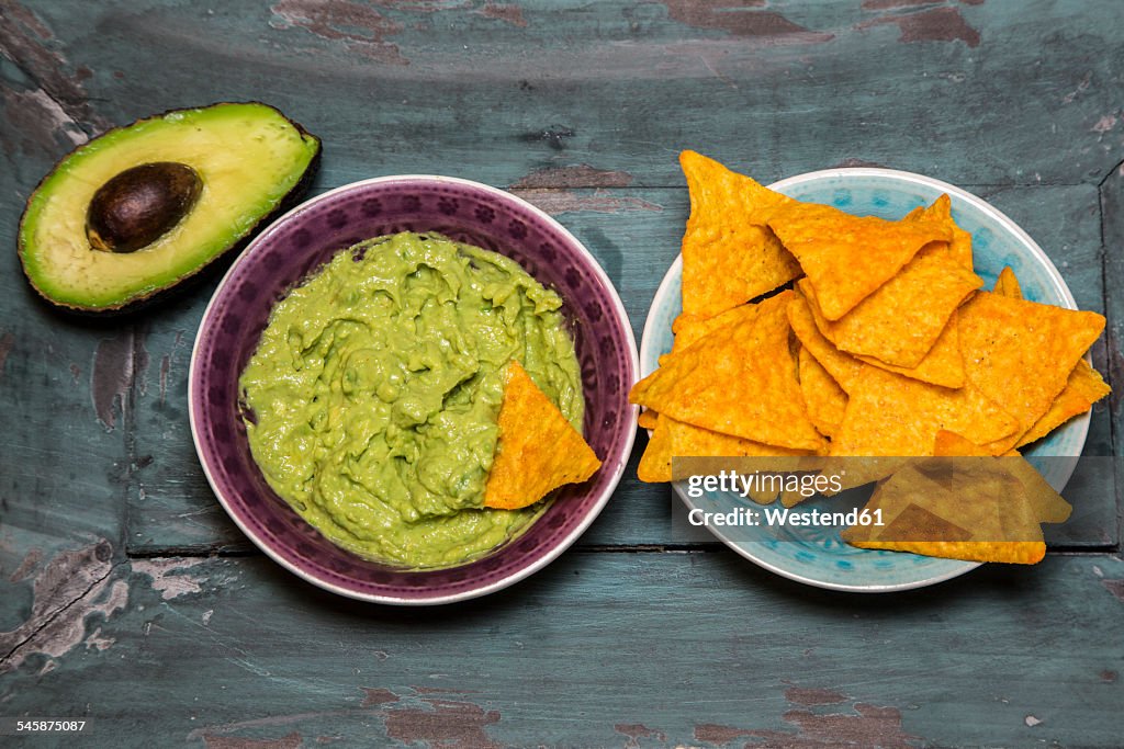 Guacamole, sliced avocado and tortilla chips