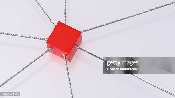 3d rendering of red cube attached to ropes - red tie stock illustrations