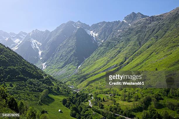 france, central pyrenees, hautes-pyrenees, view to mountain road - pirineos fotografías e imágenes de stock