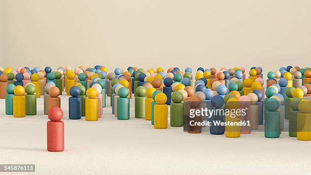 3d rendering of game pieces with one standing out from the crowd - exclusion concept stock illustrations