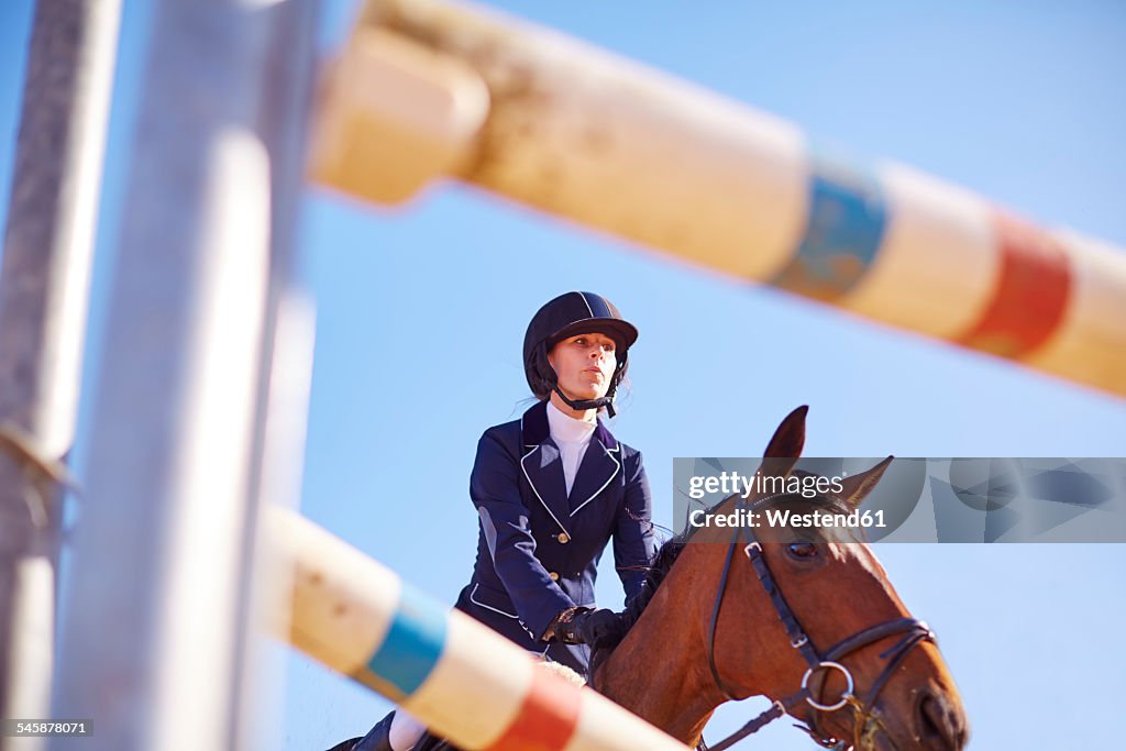 Young woman on horse approaching obstacle on course