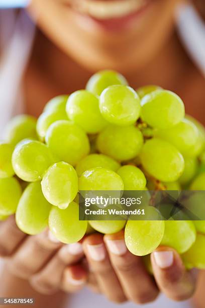 woman's hands holding green grapes - witte druif stockfoto's en -beelden