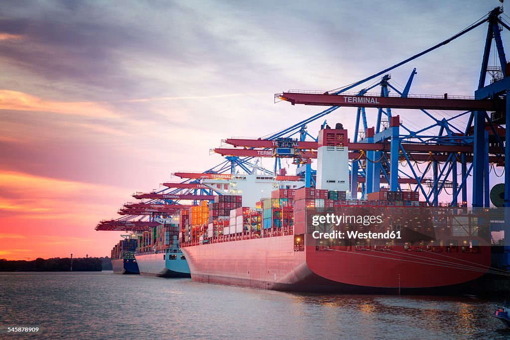 Germany, Hamburg, Port of Hamburg, Harbour, container ship in the evening