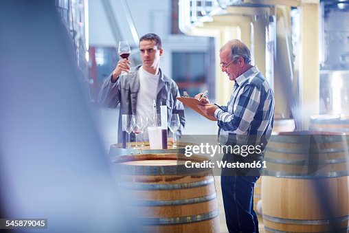 Wine maker testing wine blend Wine maker testing wine blend