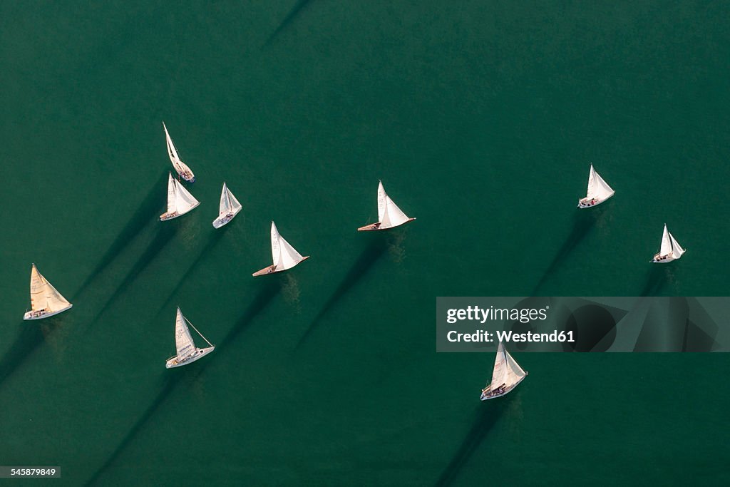 Germany, Baden-Wuerttemberg, Lake Constance, Friedrichshafen, aerial view of sailing boats