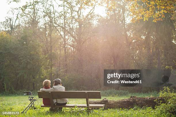 senior woman and granddaughter sitting on a park bench, back view - oma rollator stockfoto's en -beelden