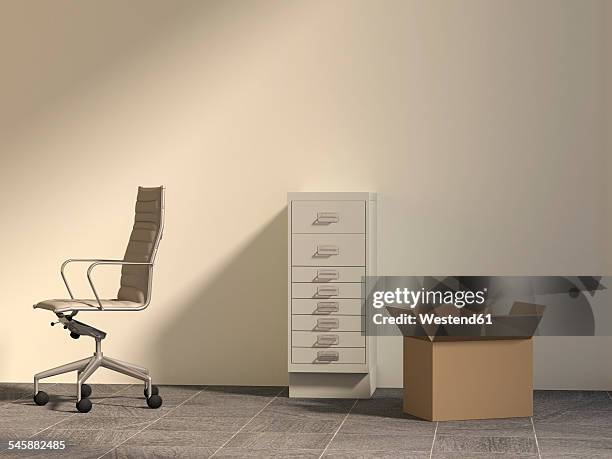 office chair, drawer cabinet and cardboard box in an empty office, 3d rendering - box office stock illustrations stock pictures, royalty-free photos & images