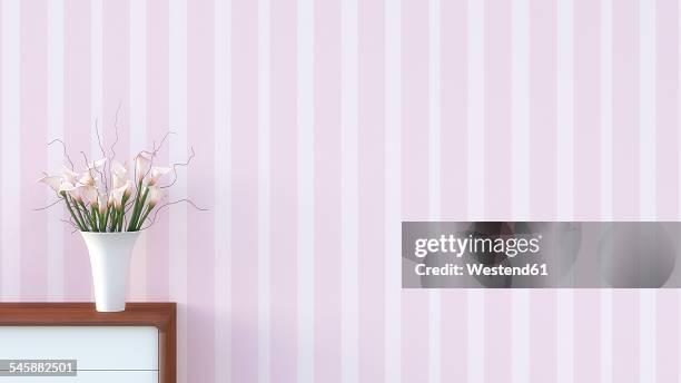 sideboard with flower vase in front of striped pink wallpaper - pink background 幅插畫檔、美工圖案、卡通及圖標
