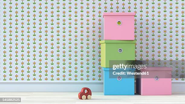 four cardboard boxes and wooden toy car in nursery - storage unit stock illustrations