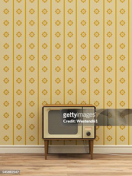 illustrazioni stock, clip art, cartoni animati e icone di tendenza di old television in front of yellow patterned wallpaper - antico vecchio stile