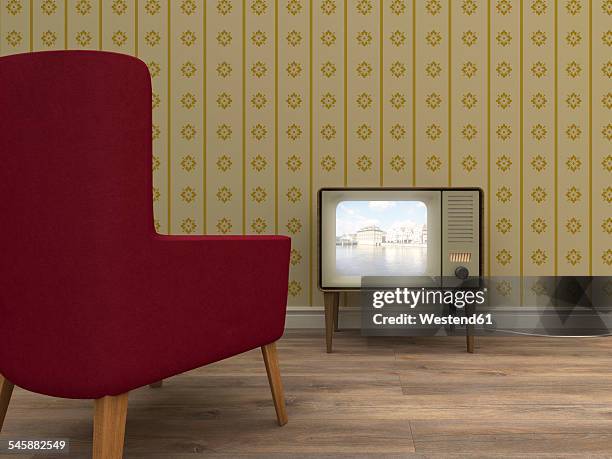 illustrazioni stock, clip art, cartoni animati e icone di tendenza di old television and red armchair in a retro styled living room - on fuel tv