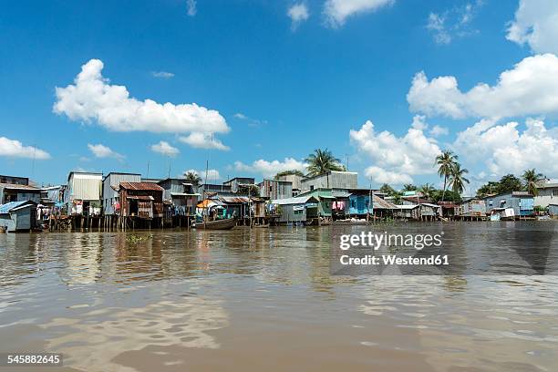 vietnam, an giang, long xuyen, view to pile dwellings at riverside of mekong - mekong river stock-fotos und bilder