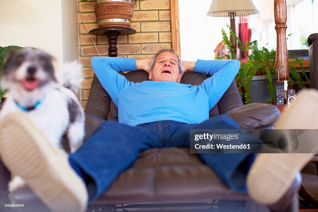 Man with dog relaxing at home