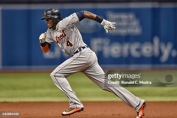 Cameron Maybin of the Detroit Tigers runs to second base during a MLB game against the Tampa Bay Rays on July 1, 2016 at Tropicana Field in St....