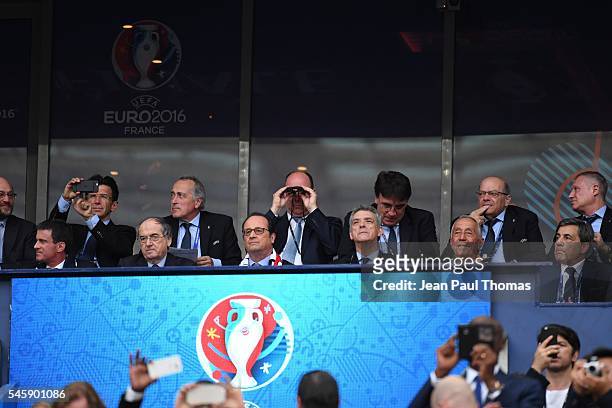 Manuel Valls, Noel Le Graet, Francois Hollande and Prince Albert of Monaco during the European Championship Final between Portugal and France at...