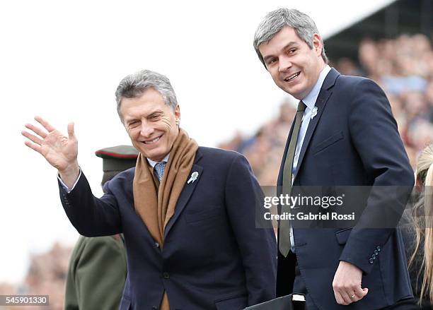 President of Argentina Mauricio Macri and Chief of Cabinet Marcos Peña greet the public during Argentina Bicentennial Celebrations at Libertador...