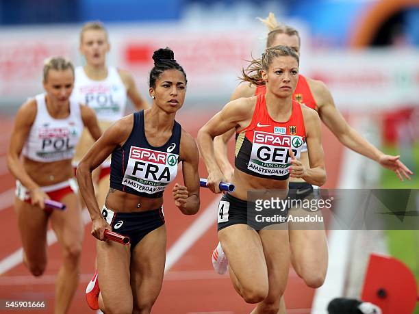 Floria Guei of France and Ruth Sophia Spelmeyer of Germany compete in the Women's 4x400m Relay Final on the last day of the European Athletics...