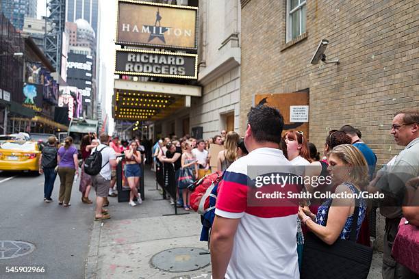 Before a performance of the Broadway musical Hamilton two days prior to creator Lin Manuel Miranda's departure from the show, fans gather at the...