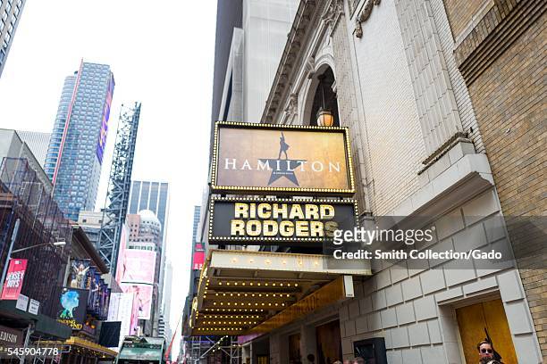 Marquee for the musical Hamilton at the Richard Rodgers theatre, New York City, New York, July 7, 2016. .