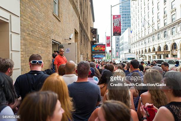 After a performance of the Broadway musical Hamilton two days prior to creator Lin Manuel Miranda's departure from the show, fans wait at the stage...