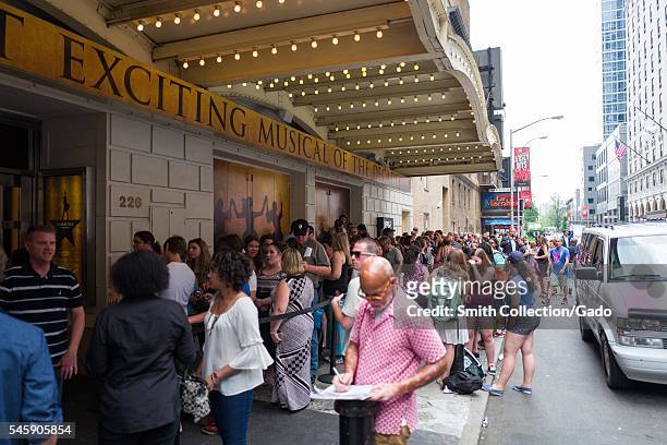 Before a performance of the Broadway musical Hamilton two days prior to creator Lin Manuel Miranda's departure from the show, fans stand in line in...