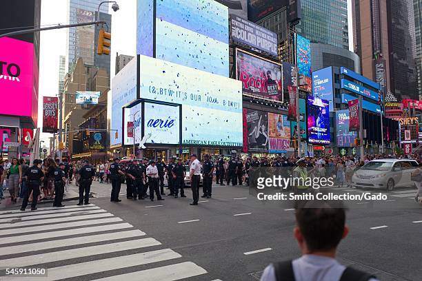 During a Black Lives Matter protest in New York City's Times Square following the shooting deaths of Alton Sterling and Philando Castile, New York...