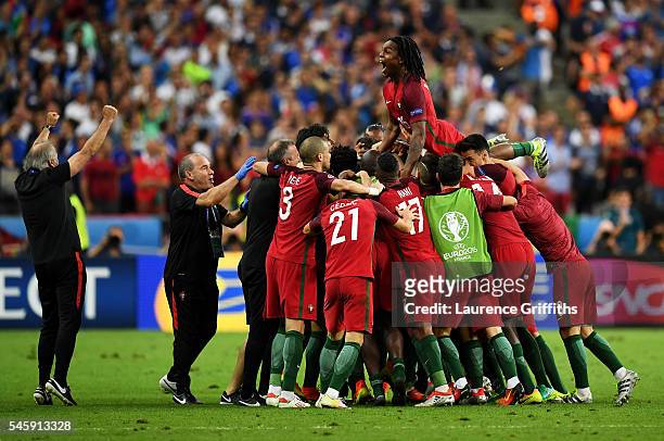 Renato Sanches and Portugal players celebrate their team's first goal scored by Eder during the UEFA EURO 2016 Final match between Portugal and...