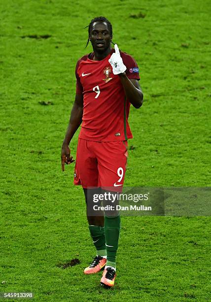 Eder of Portugal celebrates scoring the opening goal during the UEFA EURO 2016 Final match between Portugal and France at Stade de France on July 10,...