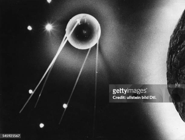 Zeichnerische Darstellung von Sputnik-1 im Weltall, dem ersten künstlichen Erdsatelliten im Weltraum- Oktober 1957Identisch mit Bild-Nr. 300477