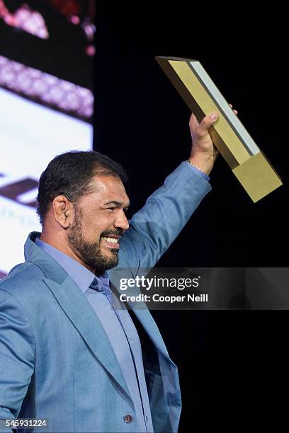 Antonio Rodrigo "Minotauro" Nogueira speaks as he is inducted into the UFC Hall of Fame at the Las Vegas Convention Center on July 10, 2016 in Las...