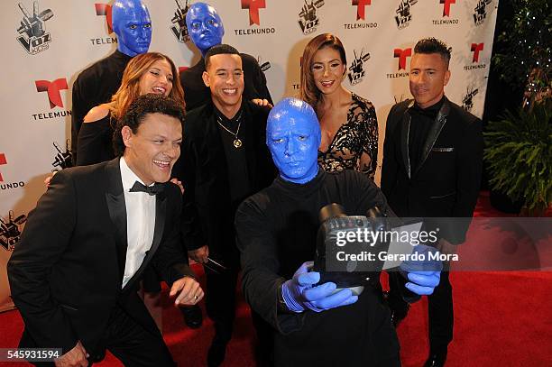 Pedro Fernandez, Natalia Jimenez, Daddy Yankee, Patricia Manterola and Jorge Bernal smile during Telemundo "La Voz Kids" Finale red carpet at...