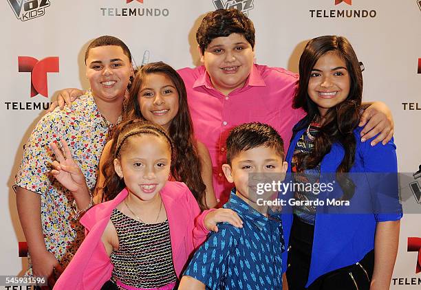 Finalists Axel Cabrera, Magallie Montiel, Christopher Rivera, Alejandra Gallardo, Carmen Sanchez and Joel Trevio pose during Telemundo "La Voz Kids"...