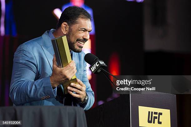 Antonio Rodrigo "Minotauro" Nogueira speaks as he is inducted into the UFC Hall of Fame at the Las Vegas Convention Center on July 10, 2016 in Las...