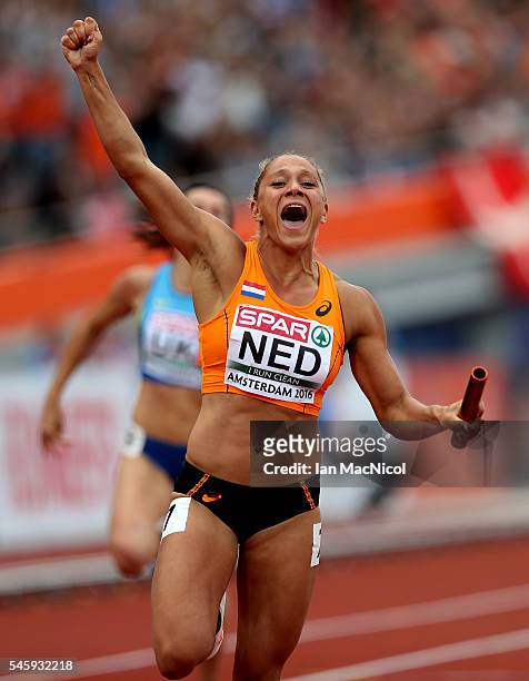 Naomi Sedney of The Netherlands celebrates after winning gold in the final of the womens 4x100m relay during day five of The European Athletics...
