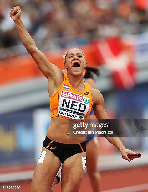 Naomi Sedney of The Netherlands celebrates after winning gold in the final of the womens 4x100m relay during day five of The European Athletics...