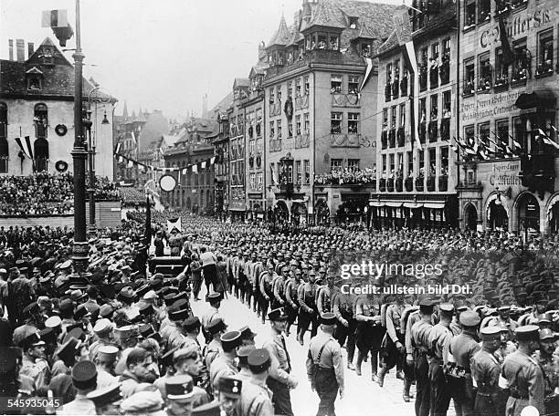 Germany, Third Reich - Nuremberg Rally 1933 SA and SS marching past Hitler in Nuremberg