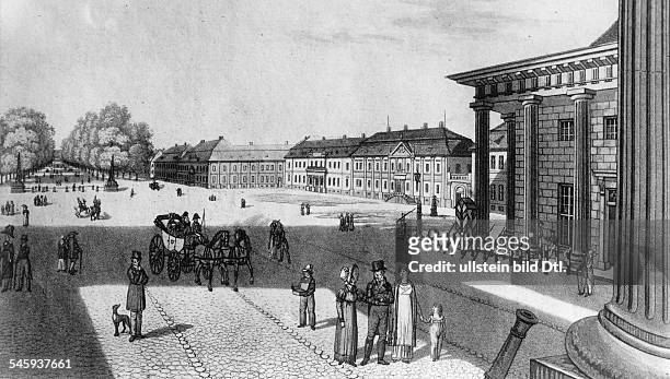 Blick vom Brandenburger Tor über denPariser Platz auf die Strasse Unter denLindenKupferstich von F.A. Calau, um 1800