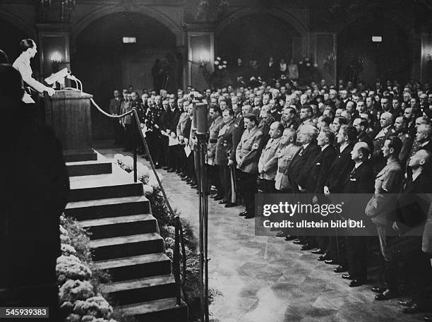 Annual meeting of the Reich Chamber of Culture at the Berlin Philharmonic, 15 November 1935. At the podium: Joseph Goebbels. First row center: Adolf...