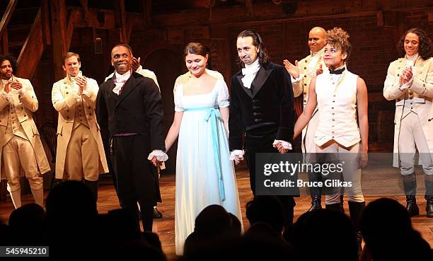 Lin-Manuel Miranda performs his final performance as "Alexander Hamilton" in "Hamilton" on Broadway at The Richard Rogers Theatre on July 9, 2016 in...