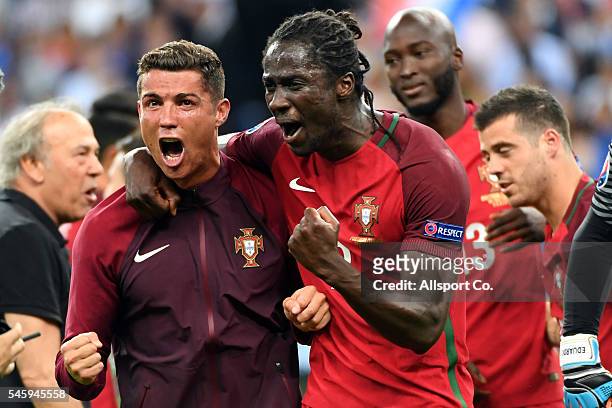 Cristiano Ronaldo and Eder of Portugal celebrates after Portugal's 1-0 win against France during the UEFA EURO 2016 Final match between Portugal and...