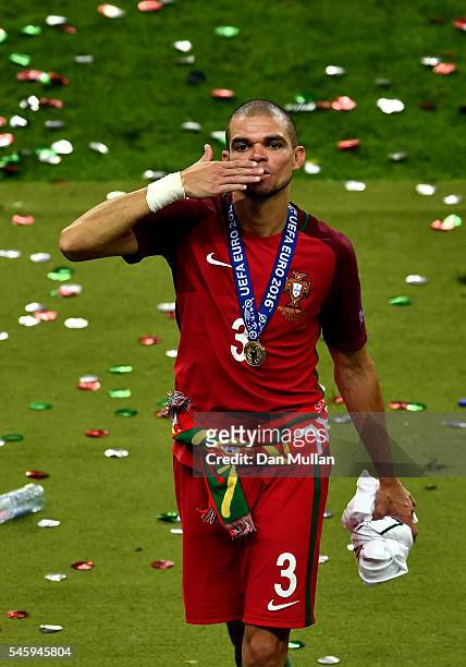 Pepe of Portugal celebrates after his team's 1-0 win against France in the UEFA EURO 2016 Final match between Portugal and France at Stade de France...