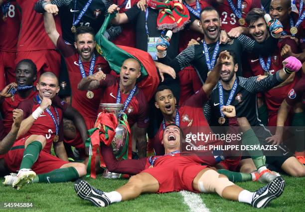 Portugal's forward Cristiano Ronaldo , Portugal's forward Nani , Portugal's forward Ricardo Quaresma , Portugal's forward Eder and Portugal's...