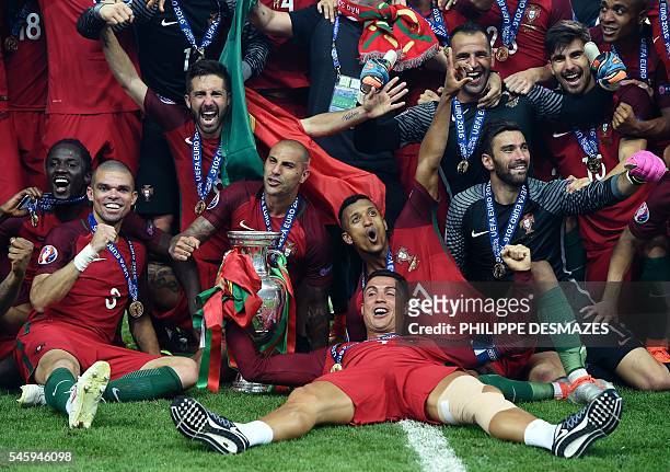Portugal's forward Eder, Portugal's defender Pepe, Portugal's midfielder Joao Moutinho, Portugal's forward Ricardo Quaresma, Portugal's forward Nani,...