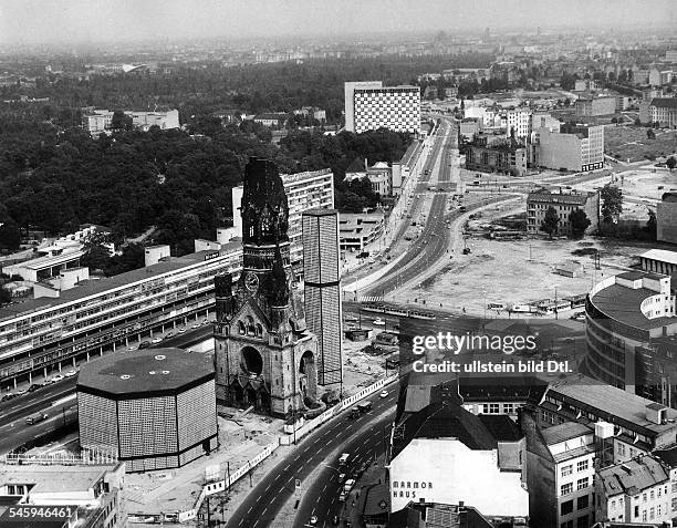 Aerial photo of the Breitscheidplatz and the Kaiser Wilhelm Memorial Church in Berlin, the Interconti Hotel is in the background