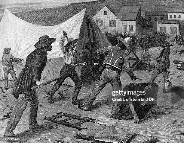 Gold rush California 1848-1854: Members of a youth gang , the 'Hounds`attacking chinese and chilean contract labourers encampments. San Francisco...