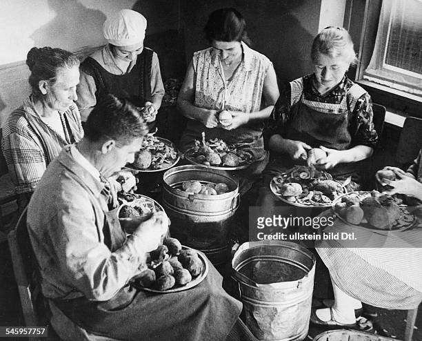 Die Küche wird in Selbsthilfe vonArbeitslosen und ihren Familienangehörigenbetrieben. Beim Kartoffelschälen.- 1931