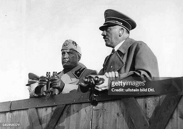 Relations Germany - Italy : Mussolini on a state visit to Germany: manoeuvre in Mecklenburg, Benito Mussolini and Adolf Hitler watching the military...